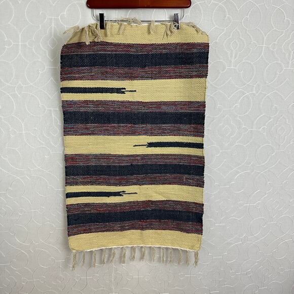 Vintage Cotton Tweed Rug 31.5" x 19.5" Cream Textured Striped Tassels Mat New - Picture 1 of 7